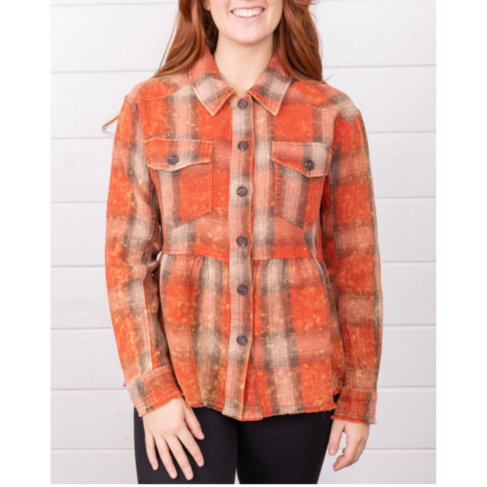 Mystree Peplum Plaid Shirt Women Orange Tan Good Acid Wash Frayed Hem NWT
